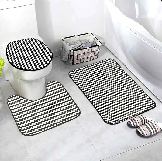3 PCs Anti Skid Commode Mat Set-Black Lines Bath Mats Apricot