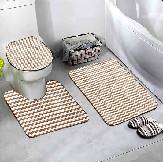 3 PCs Anti Skid Commode Mat Set-Brown Lines Bath Mats Apricot