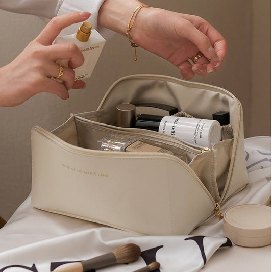 Portable PU Makeup Powder Waterproof Multifunctional Bag-14265Cream(SA2403-21) Cosmetic Pouches Apricot