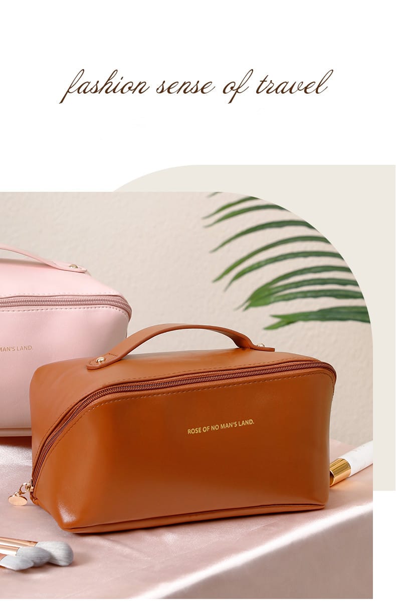 Portable PU Makeup Powder Waterproof Multifunctional Bag-Brown(SA2403-21) Cosmetic Pouches Apricot
