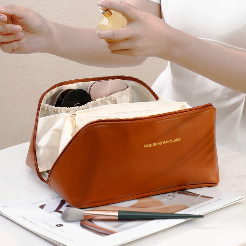 Portable PU Makeup Powder Waterproof Multifunctional Bag-Brown(SA2403-21) Cosmetic Pouches Apricot