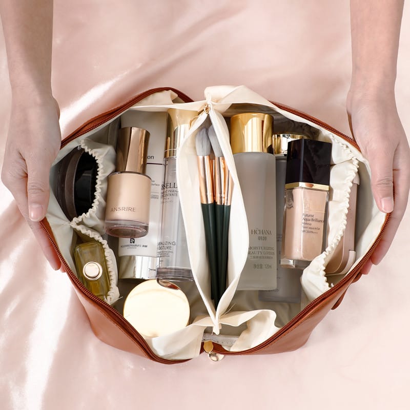 Portable PU Makeup Powder Waterproof Multifunctional Bag-Brown(SA2403-21) Cosmetic Pouches Apricot