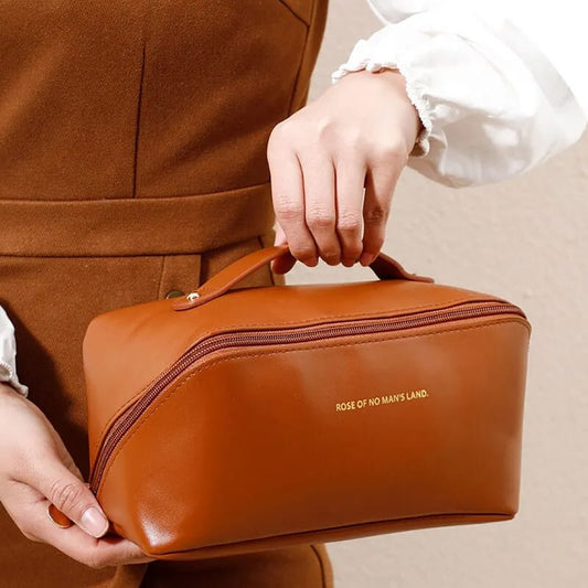 Portable PU Makeup Powder Waterproof Multifunctional Bag-Brown(SA2403-21) Cosmetic Pouches Apricot