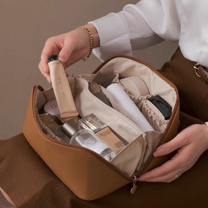 Portable PU Makeup Powder Waterproof Multifunctional Bag-Brown(SA2403-21) Cosmetic Pouches Apricot