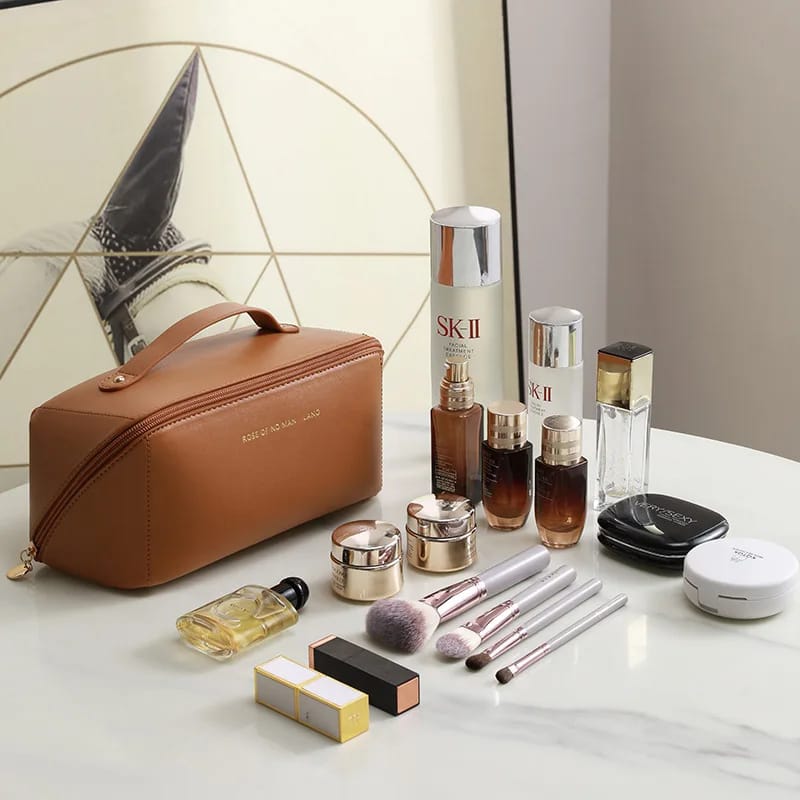 Portable PU Makeup Powder Waterproof Multifunctional Bag-Brown(SA2403-21) Cosmetic Pouches Apricot