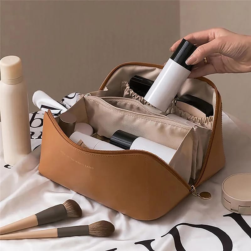 Portable PU Makeup Powder Waterproof Multifunctional Bag-Brown(SA2403-21) Cosmetic Pouches Apricot