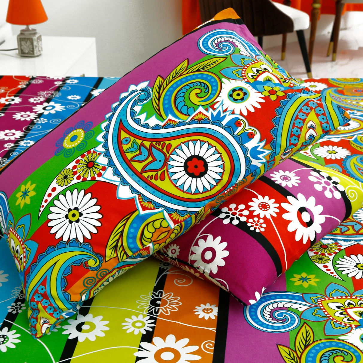 3 PCs Double Bed Sheet -Multi Flowers Bed Sheets Apricot