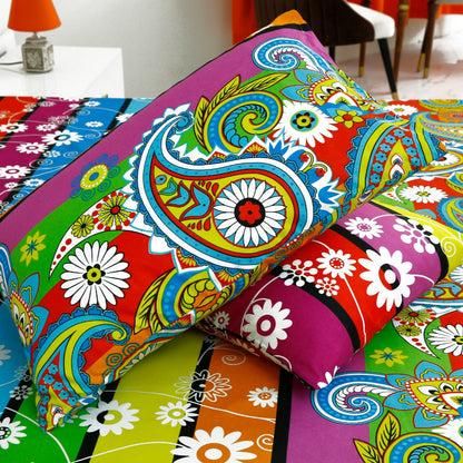 3 PCs Double Bed Sheet -Multi Flowers Bed Sheets Apricot