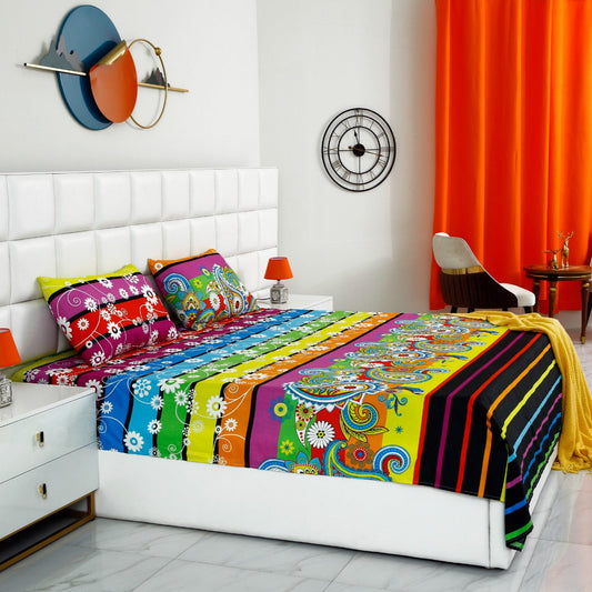 3 PCs Double Bed Sheet -Multi Flowers Bed Sheets Apricot