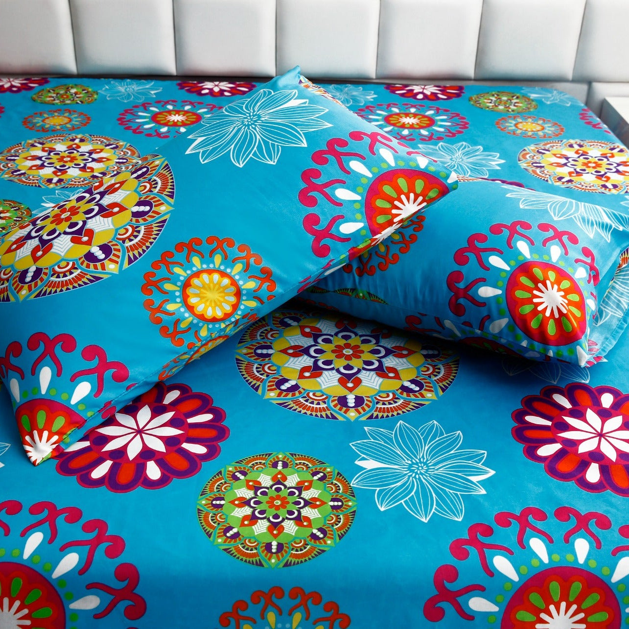 3 PCs Double Bed Sheet-Turquoise Flower Bed Sheets Apricot