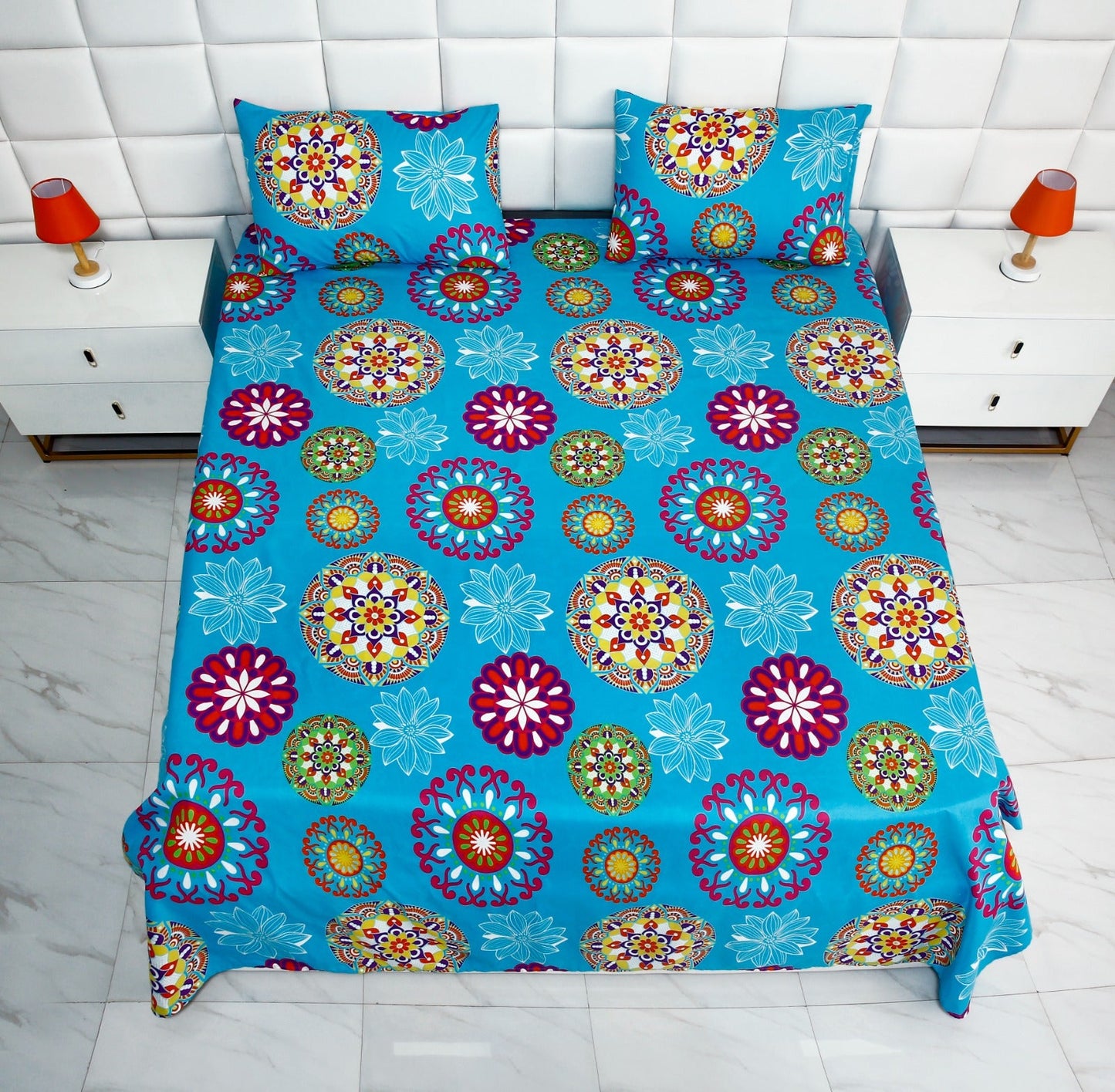3 PCs Double Bed Sheet-Turquoise Flower Bed Sheets Apricot