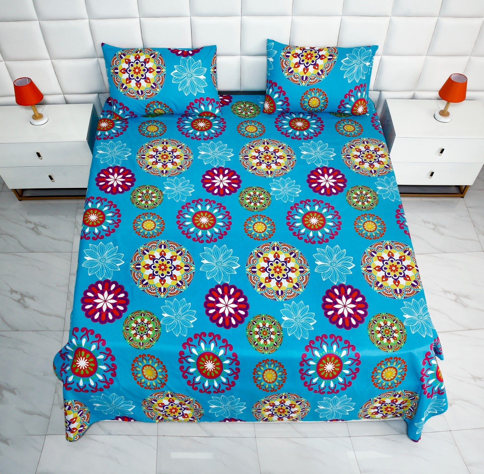3 PCs Double Bed Sheet-Turquoise Flower Bed Sheets Apricot