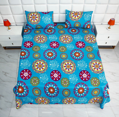 3 PCs Double Bed Sheet-Turquoise Flower Bed Sheets Apricot
