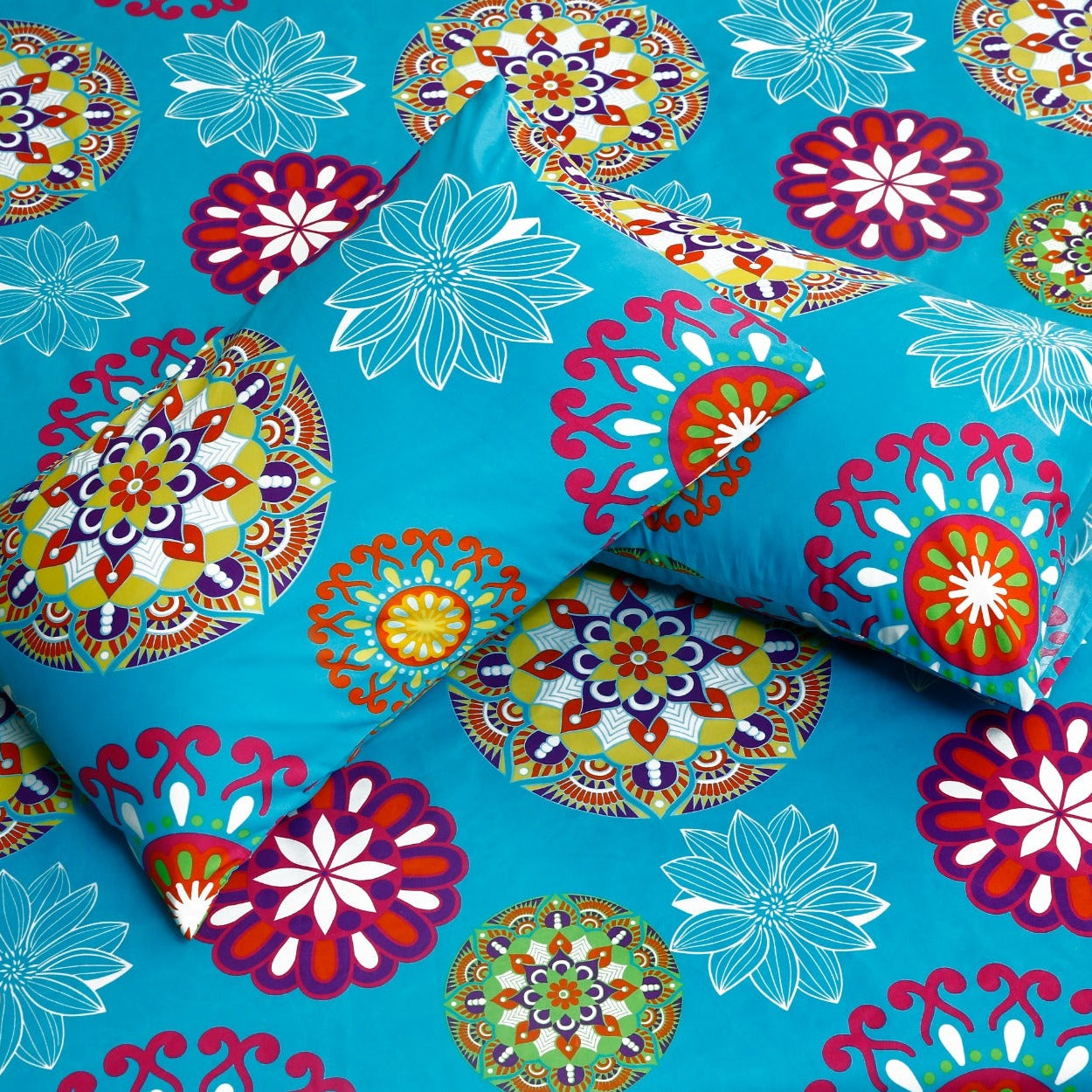 3 PCs Double Bed Sheet-Turquoise Flower Bed Sheets Apricot
