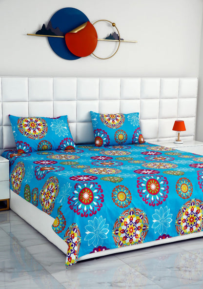 3 PCs Double Bed Sheet-Turquoise Flower Bed Sheets Apricot