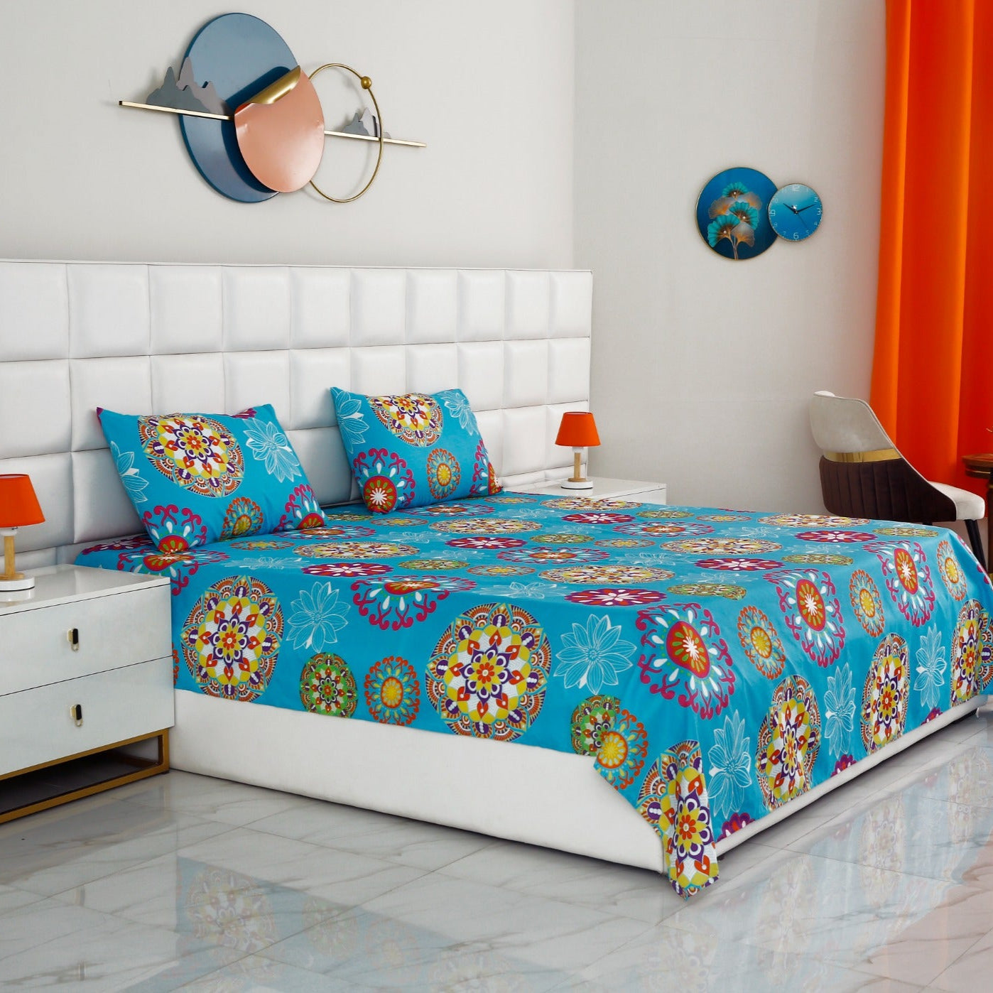 3 PCs Double Bed Sheet-Turquoise Flower Bed Sheets Apricot