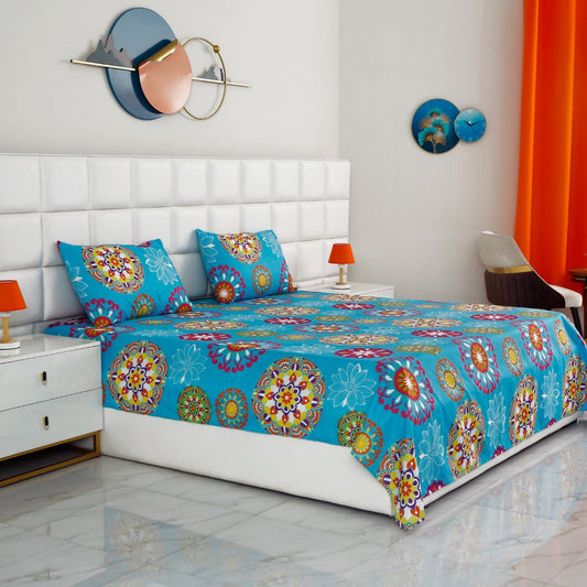 3 PCs Double Bed Sheet-Turquoise Flower Bed Sheets Apricot