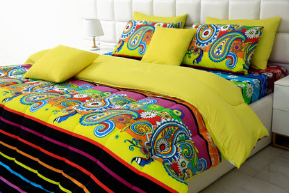 5 PCs Single Comforter Set-Multi Flower (Yellow Reverse) Comforters Apricot   