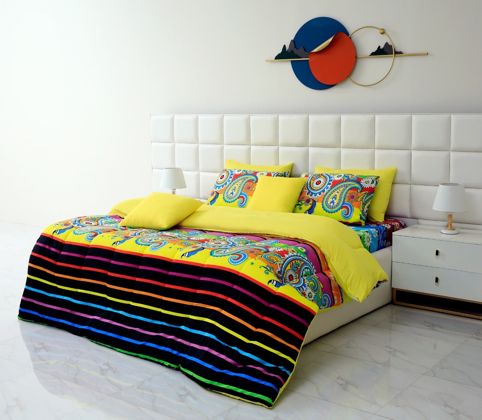 5 PCs Single Comforter Set-Multi Flower (Yellow Reverse) Comforters Apricot   