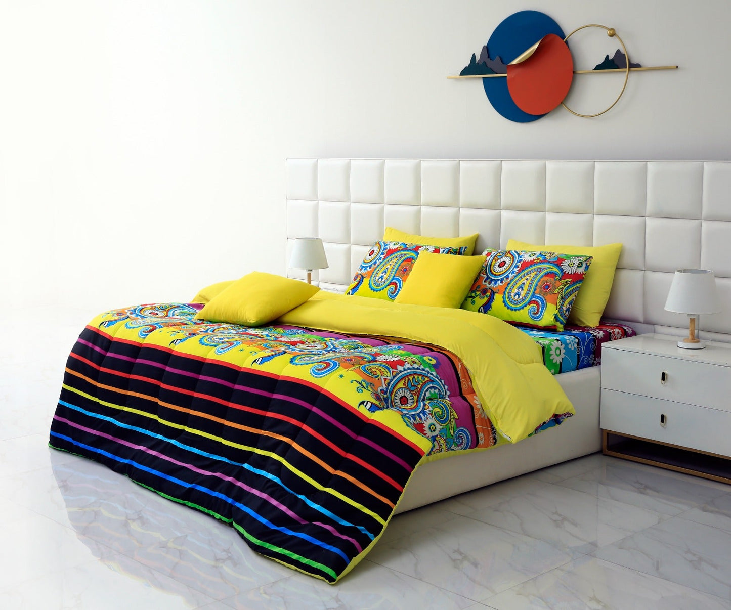 5 PCs Single Comforter Set-Multi Flower (Yellow Reverse) Comforters Apricot   