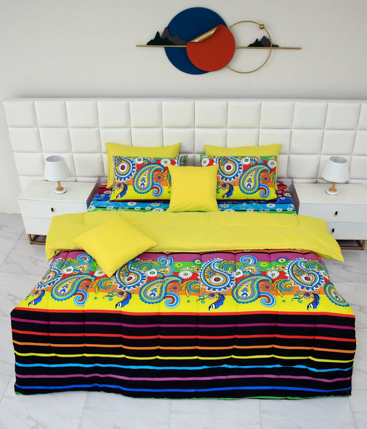 5 PCs Single Comforter Set-Multi Flower (Yellow Reverse) Comforters Apricot   