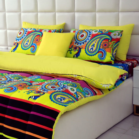 5 PCs Single Comforter Set-Multi Flower (Yellow Reverse) Comforters Apricot   