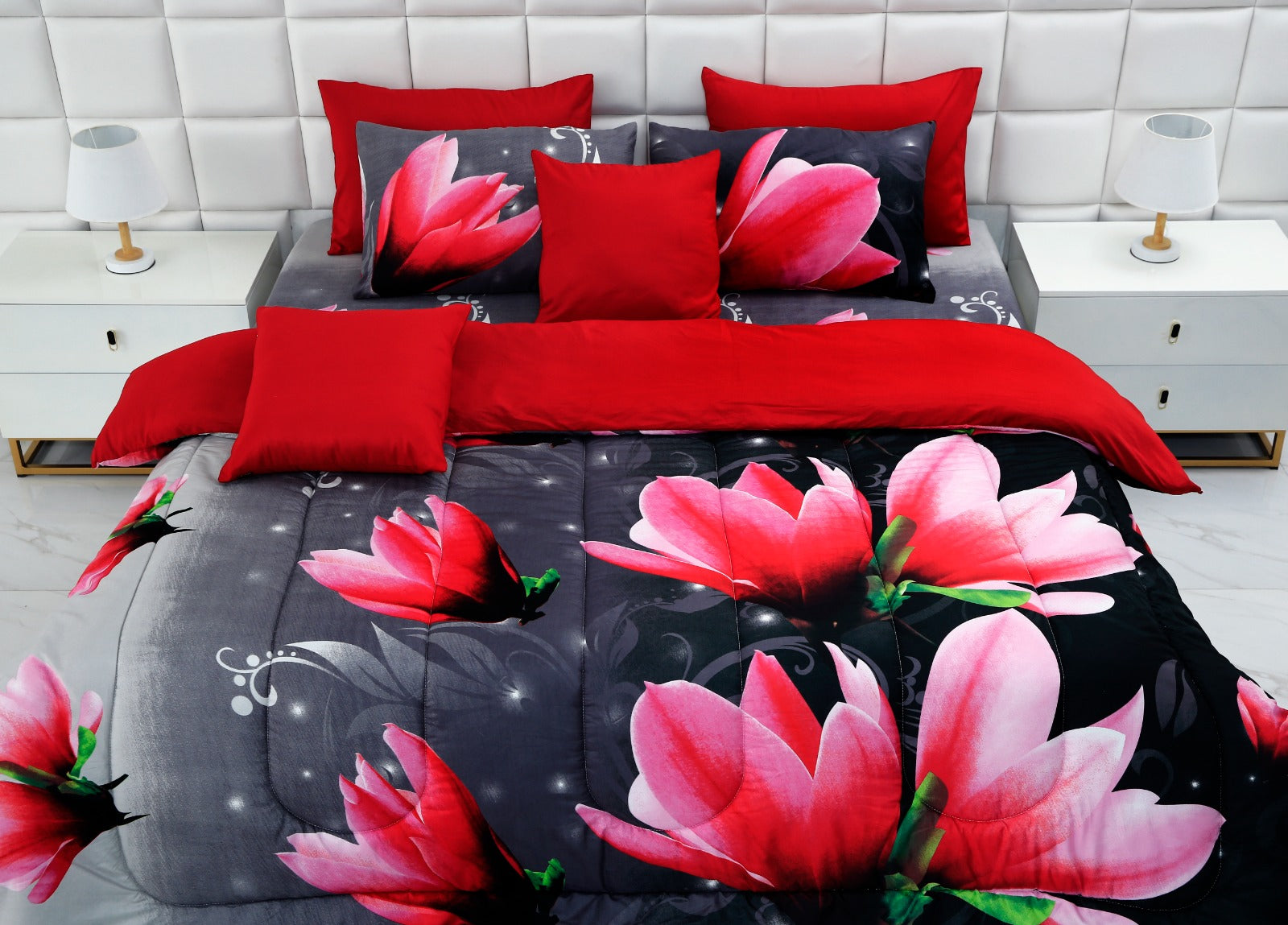 5 PCs Single Comforter Set-15185Pink Lotus Comforters Apricot   