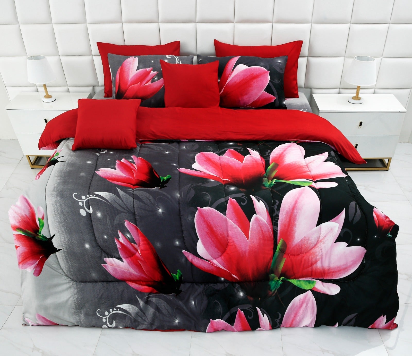 5 PCs Single Comforter Set-15185Pink Lotus Comforters Apricot   