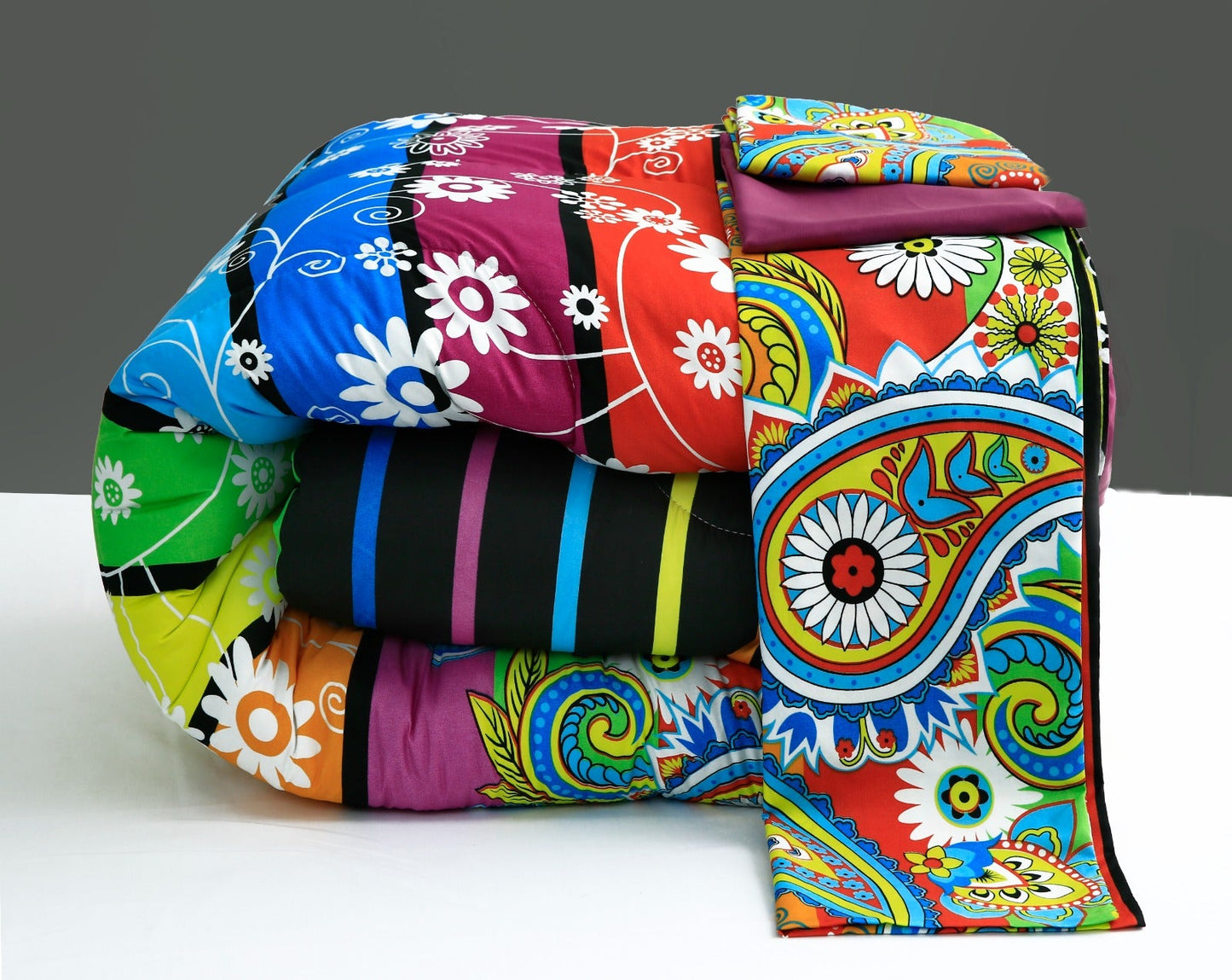 5 PCs Single Comforter Set-Multi Flower (Plum Reverse) Comforters Apricot   