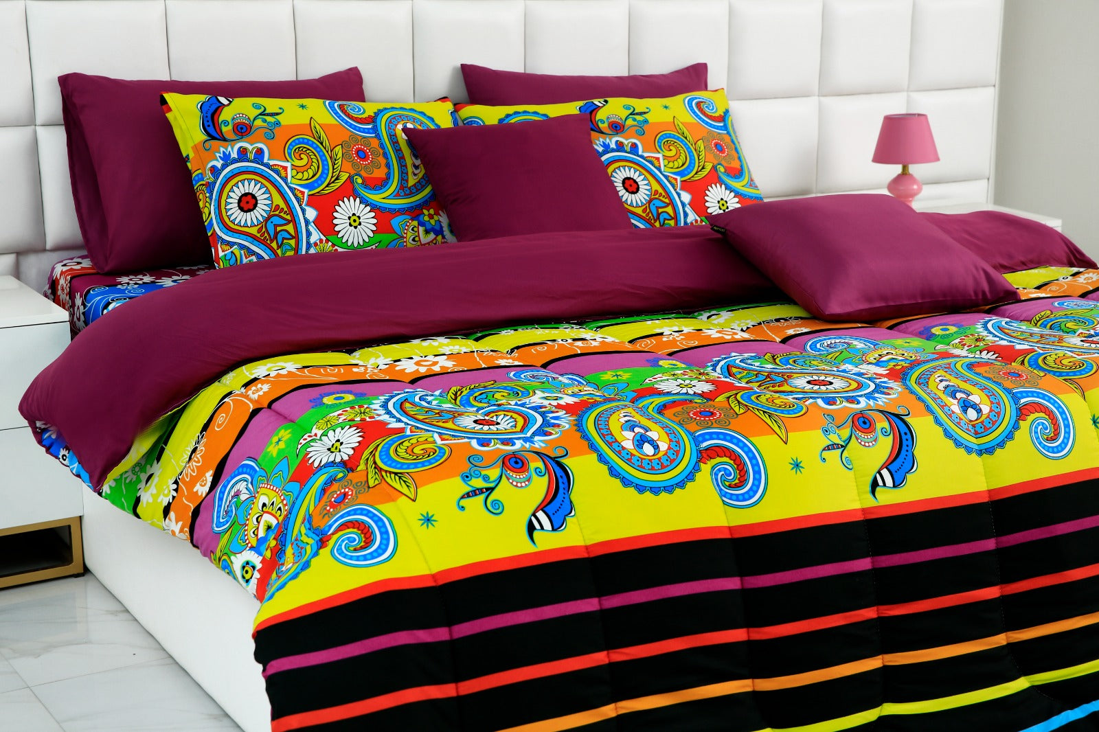 5 PCs Single Comforter Set-Multi Flower (Plum Reverse) Comforters Apricot   