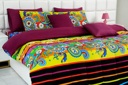 5 PCs Single Comforter Set-Multi Flower (Plum Reverse) Comforters Apricot   