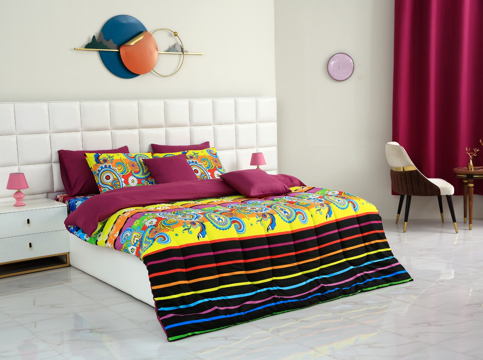 5 PCs Single Comforter Set-Multi Flower (Plum Reverse) Comforters Apricot   