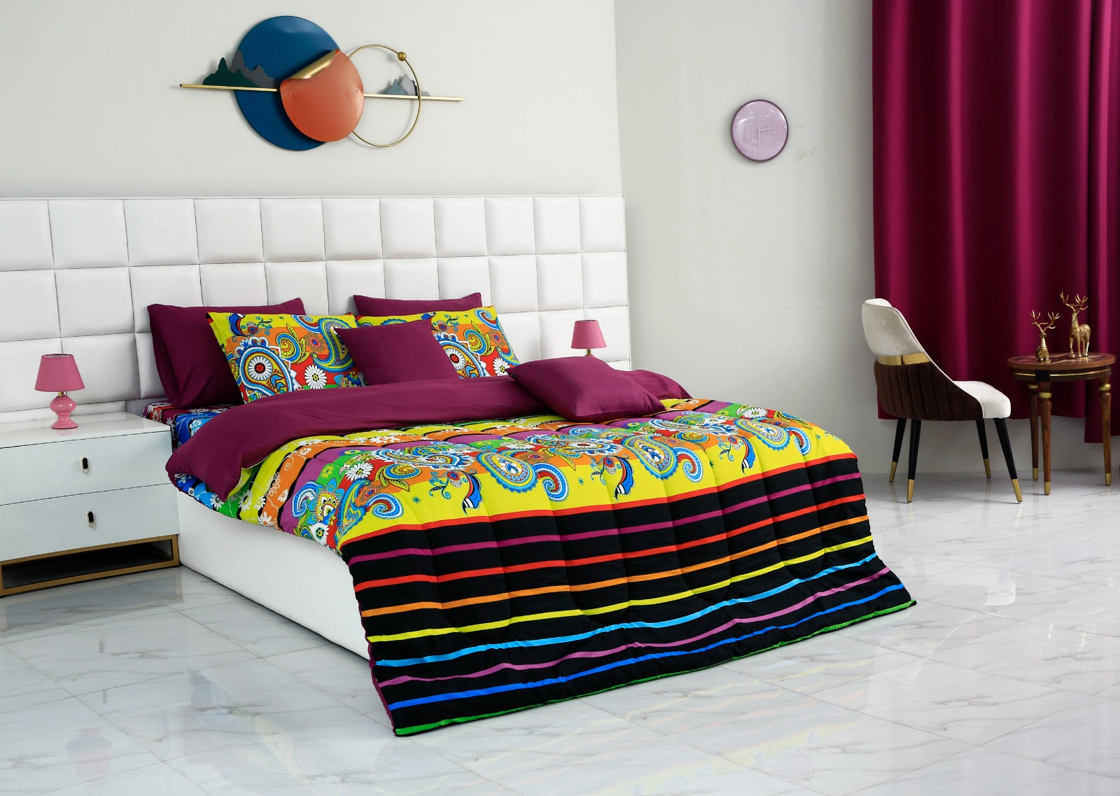 5 PCs Single Comforter Set-Multi Flower (Plum Reverse) Comforters Apricot   