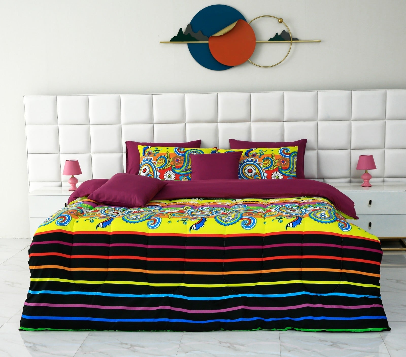 5 PCs Single Comforter Set-Multi Flower (Plum Reverse) Comforters Apricot   