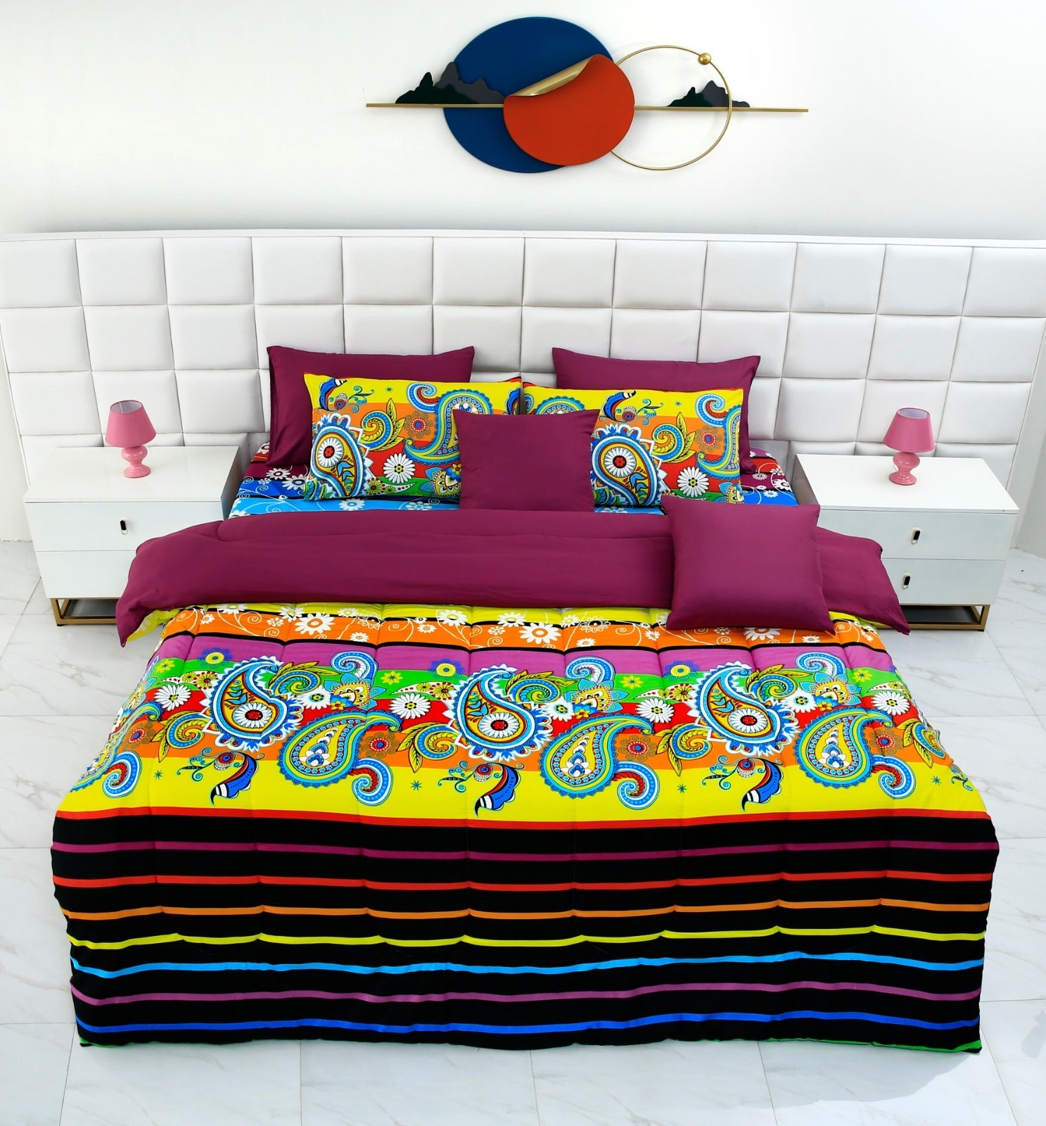 5 PCs Single Comforter Set-Multi Flower (Plum Reverse) Comforters Apricot   