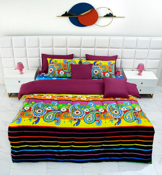 5 PCs Single Comforter Set-Multi Flower (Plum Reverse) Comforters Apricot   