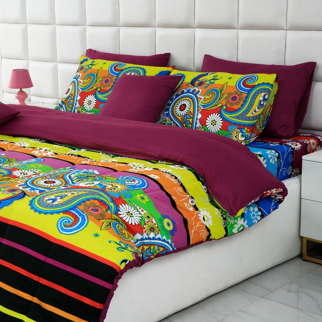 5 PCs Single Comforter Set-Multi Flower (Plum Reverse) Comforters Apricot   
