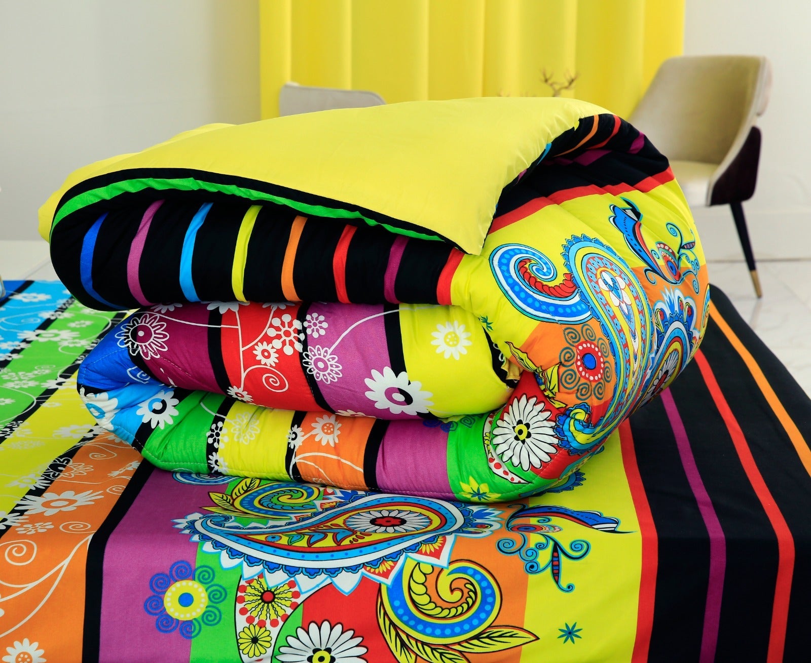5 PCs Single Comforter Set-Multi Flower (Yellow Reverse) Comforters Apricot   