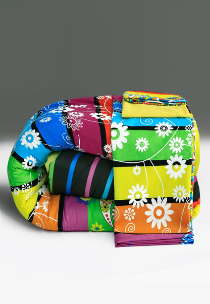 5 PCs Single Comforter Set-Multi Flower (Yellow Reverse) Comforters Apricot   
