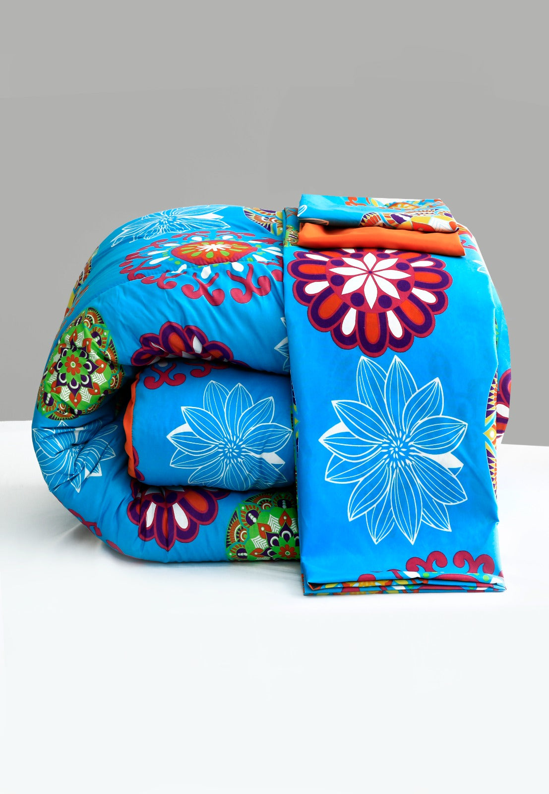 5 PCs Single Comforter Set-(15191)Turquoise Flower Comforters Apricot   