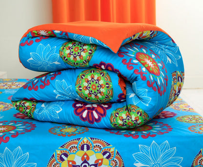 5 PCs Single Comforter Set-(15191)Turquoise Flower Comforters Apricot   