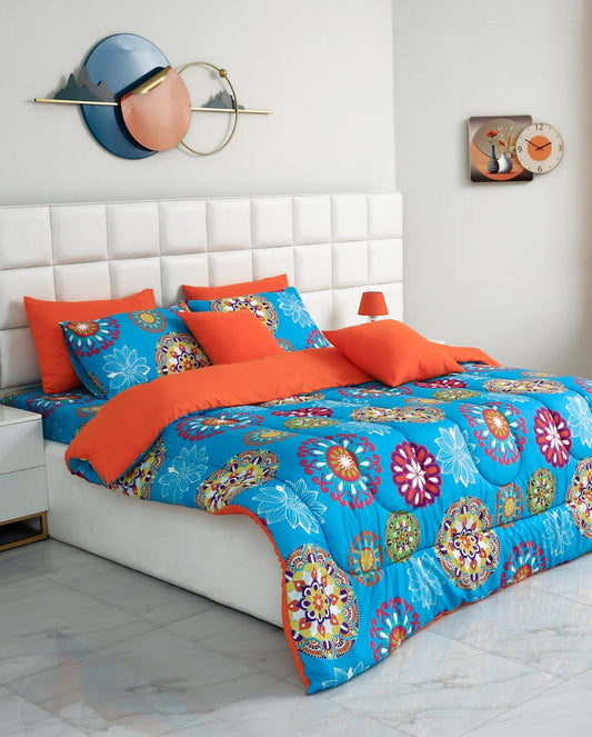 5 PCs Single Comforter Set-(15191)Turquoise Flower Comforters Apricot   