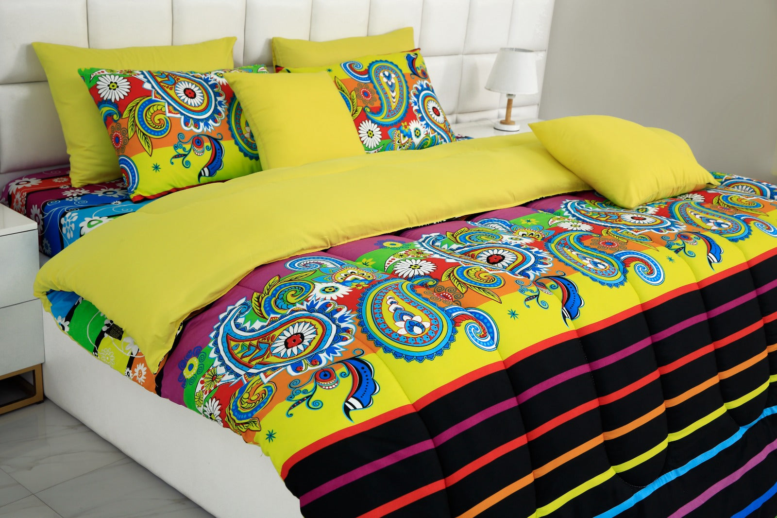 5 PCs Single Comforter Set-Multi Flower (Yellow Reverse) Comforters Apricot   
