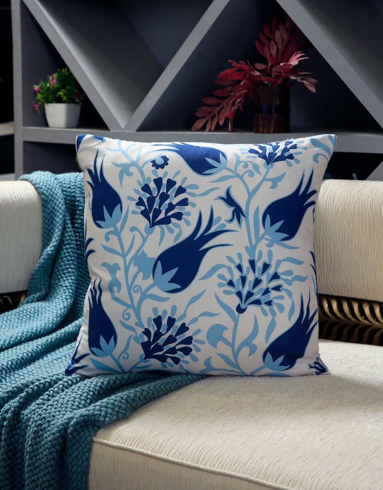 4 PCs Digital Printed Cotton Cushions-Blue Branco cushions Apricot   