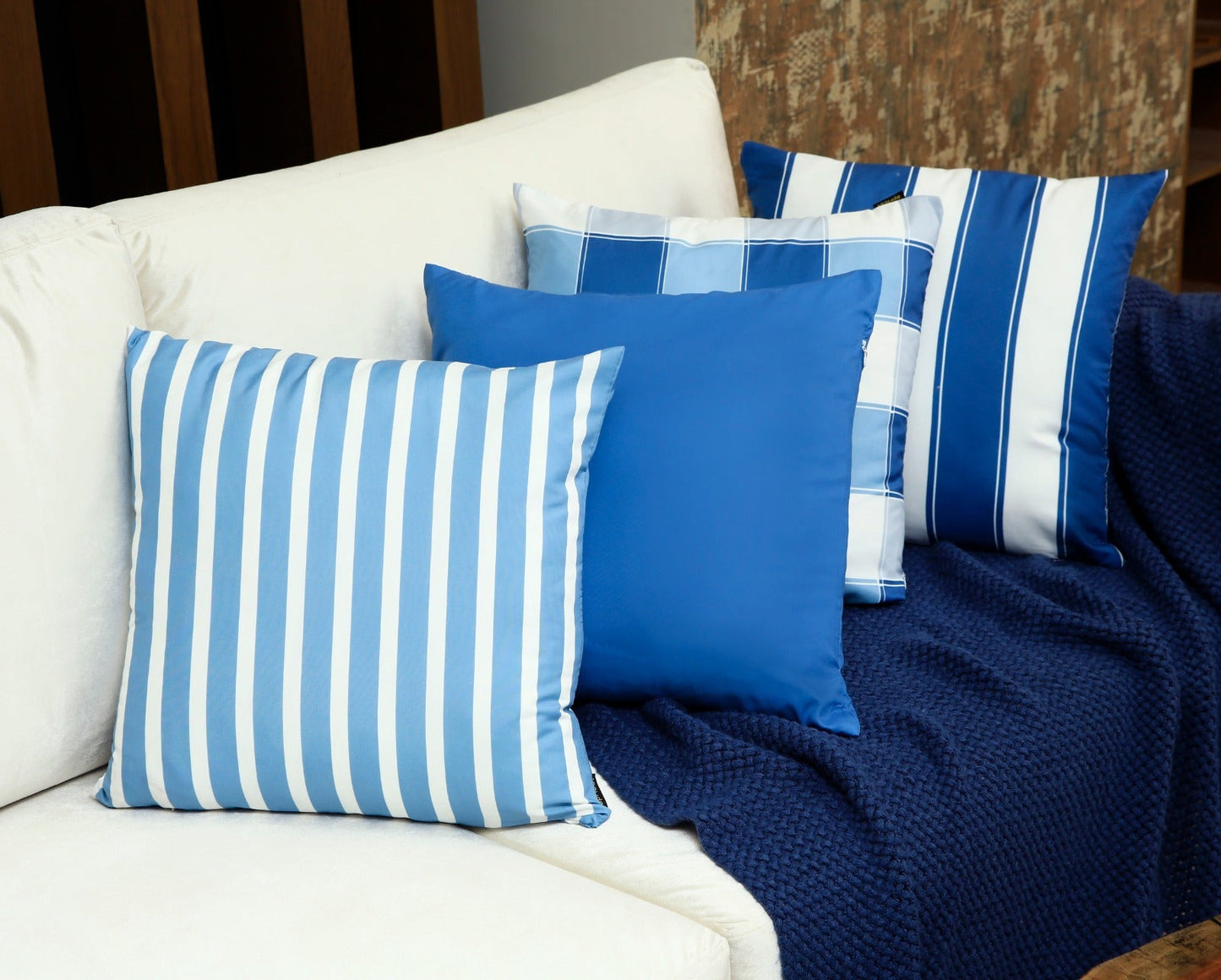 4 PCs Digital Printed Cotton Cushions-Blue Check cushions Apricot   