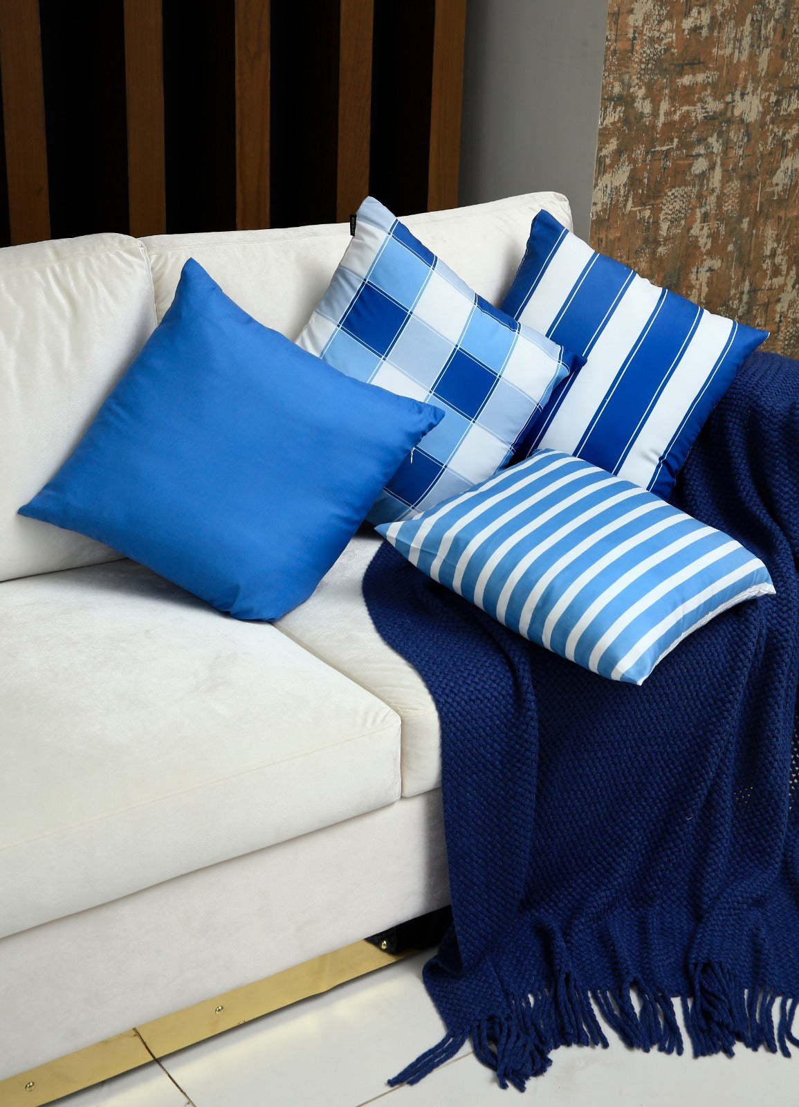 4 PCs Digital Printed Cotton Cushions-Blue Check cushions Apricot   