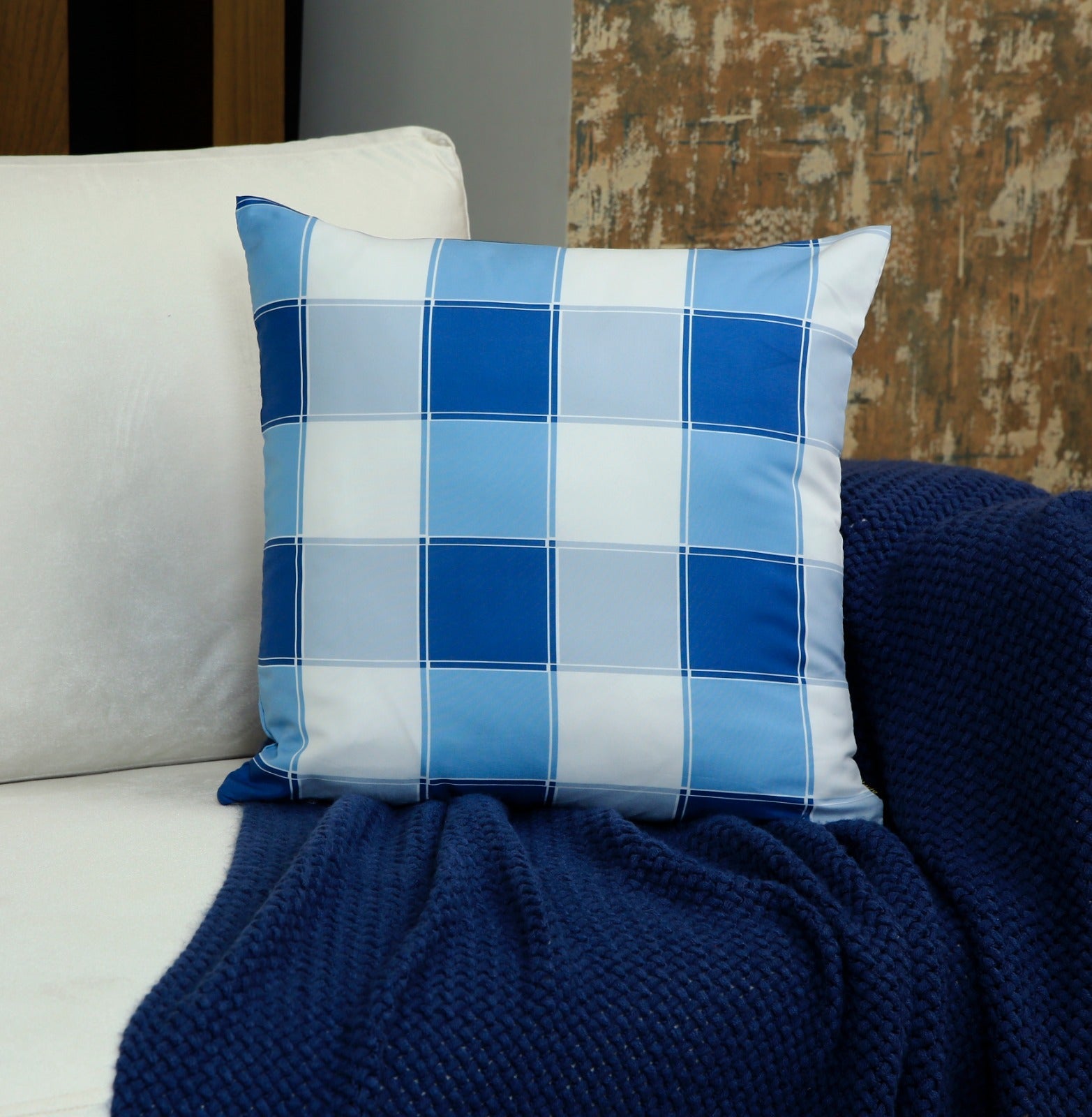 4 PCs Digital Printed Cotton Cushions-Blue Check cushions Apricot   