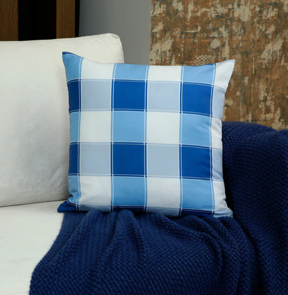4 PCs Digital Printed Cotton Cushions-Blue Check cushions Apricot   