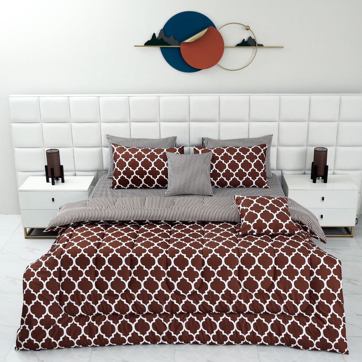 8 PCs Winter Comforter Set-Brown Geometric Comforters Apricot   