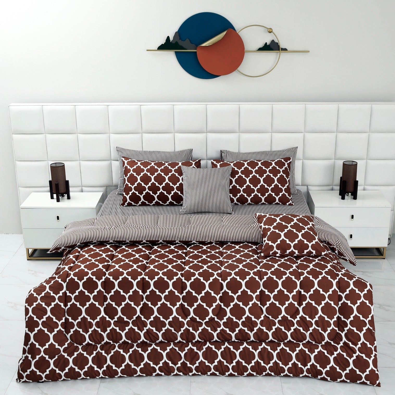 8 PCs Winter Comforter Set-Brown Geometric Comforters Apricot   